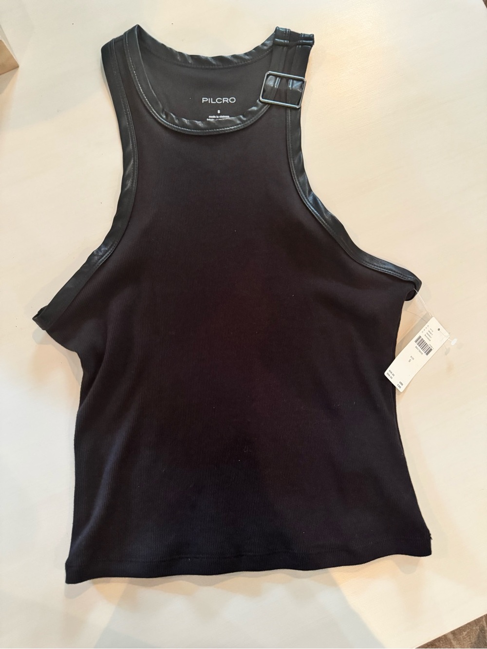 Pilcro Black Ribbed Tank with Leather-Trim Strap